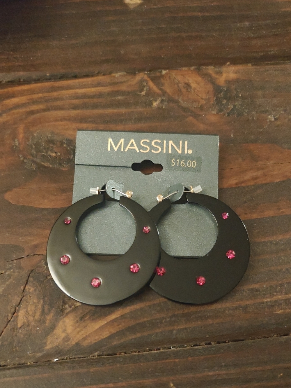 Massini Black Hoop Earrings with Pink Crystal Studs D01 6717